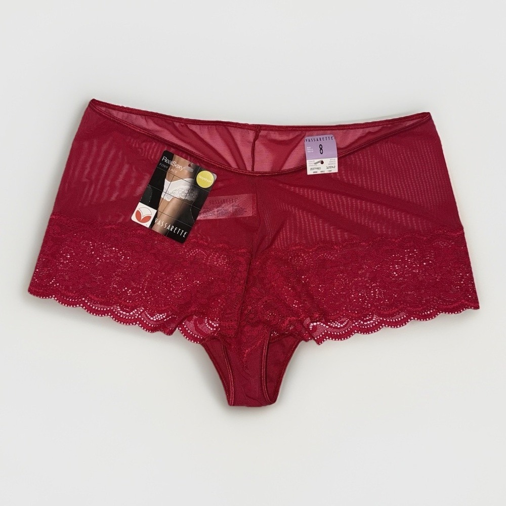 NWT Vassarette Real Sexy Foxy Lace Boyshort Panty 8 Red Sheer Mesh Lace Y2K Vtg